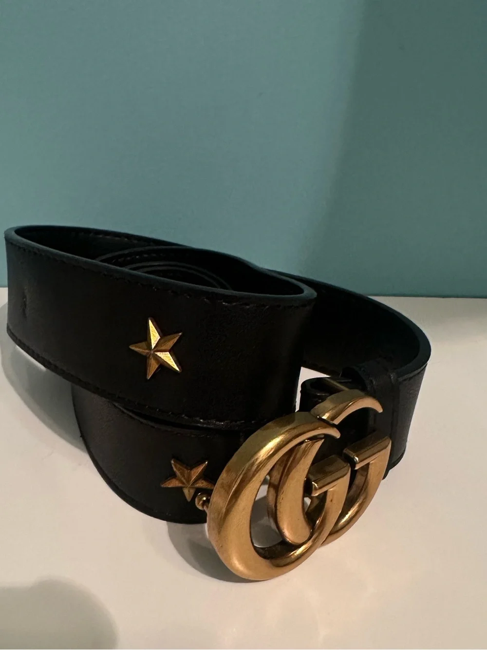 NEW Gucci Marmont Gold Star Studs Double G Black Leather Belt 95 38 625560 Rare